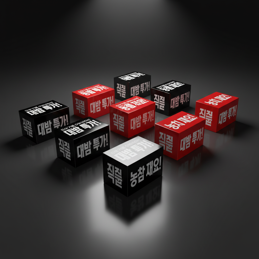 An array of glossy black and bright crimson product mockup boxes arranged in a precise grid on a reflective graphite surface, each box wrapped with oversized, bold Korean headline typography in stark white, representing high-converting marketing messages. The environment is an abstract studio space with a smooth, dark gradient backdrop that shifts from deep charcoal at the base to near-black at the top. A sharp, top-down spotlight creates crisp reflections and geometric shadows between the boxes, adding drama and tension. Shot from a slightly elevated angle with sharp focus throughout, the composition feels structured and authoritative. The mood is daring, confident, and conversion-focused, rendered in photographic realism with a clean, impactful, brand-centric style.