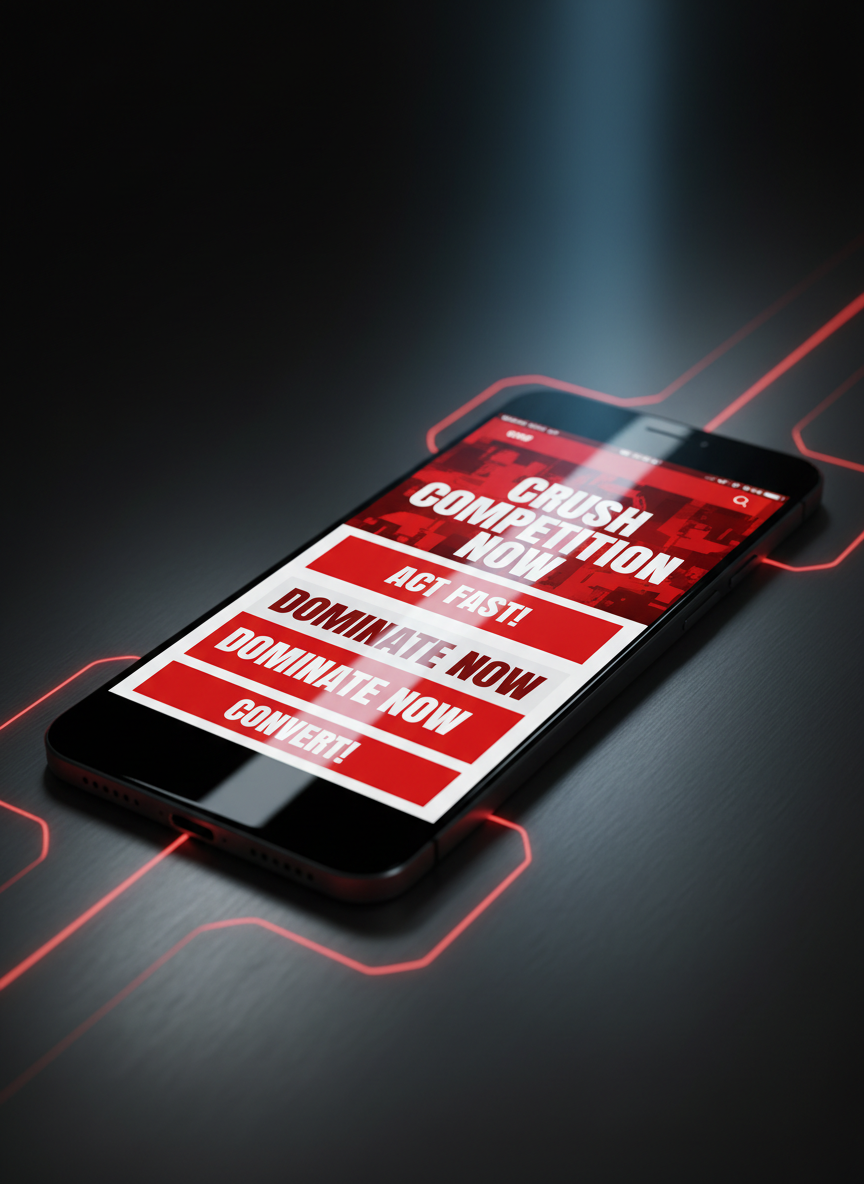 A minimalist black smartphone lying diagonally on a brushed steel surface, its screen filled edge-to-edge with a hyper-vivid red and white landing page layout showcasing oversized, aggressive headlines and bold call-to-action buttons, symbolizing performance marketing. Thin neon red lines are etched into the steel surface, converging towards the phone like guiding paths. A narrow beam of cool, directional light from above creates a bright stripe across the screen, contrasting with deep surrounding shadows. Captured from a dramatic close-up, low-angle perspective, the edges of the phone are razor sharp while the background softly blurs into dark metallic tones. The atmosphere is high-tech, urgent, and intensely focused on conversion, in a photographic, modern, high-contrast style.