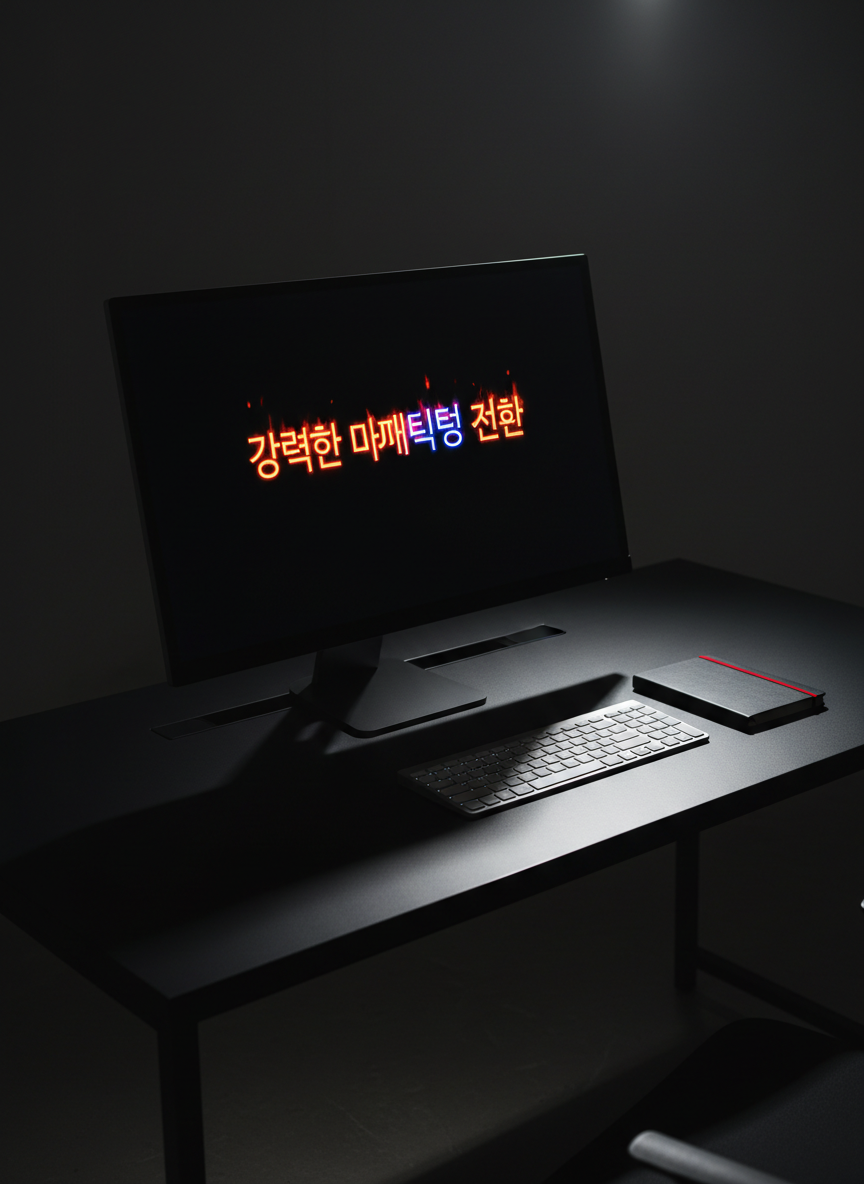 A bold, high-contrast desktop workspace featuring a large, ultra-thin monitor displaying a dramatic black background with a single, blazing neon headline in Korean, symbolizing powerful marketing copy. The monitor sits on a matte black desk with sharp, clean edges, accompanied only by a sleek aluminum keyboard and a closed, charcoal-gray notebook with a red elastic band. Harsh, directional studio lighting from the left carves out strong highlights along the metal surfaces and deep shadows under the objects, creating an intense, cinematic look. Captured at eye level with a shallow depth of field, the background fades into soft darkness, emphasizing focus and conversion-driven clarity. Photographic realism with a modern, minimalist, high-impact aesthetic.